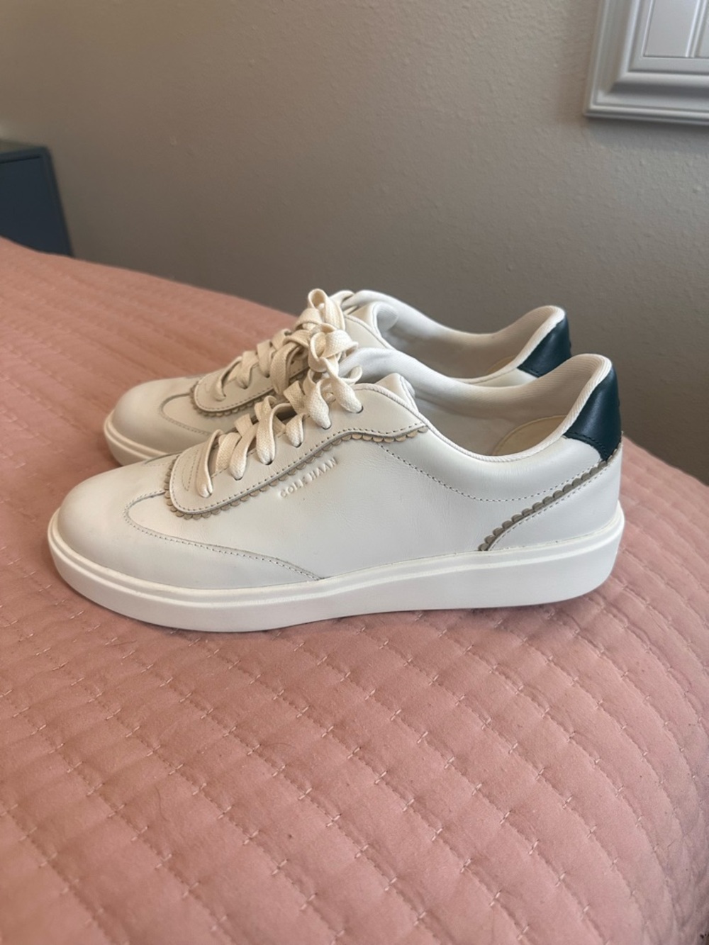 Cole Haan White Leather Sneakers with Dark Green Heel